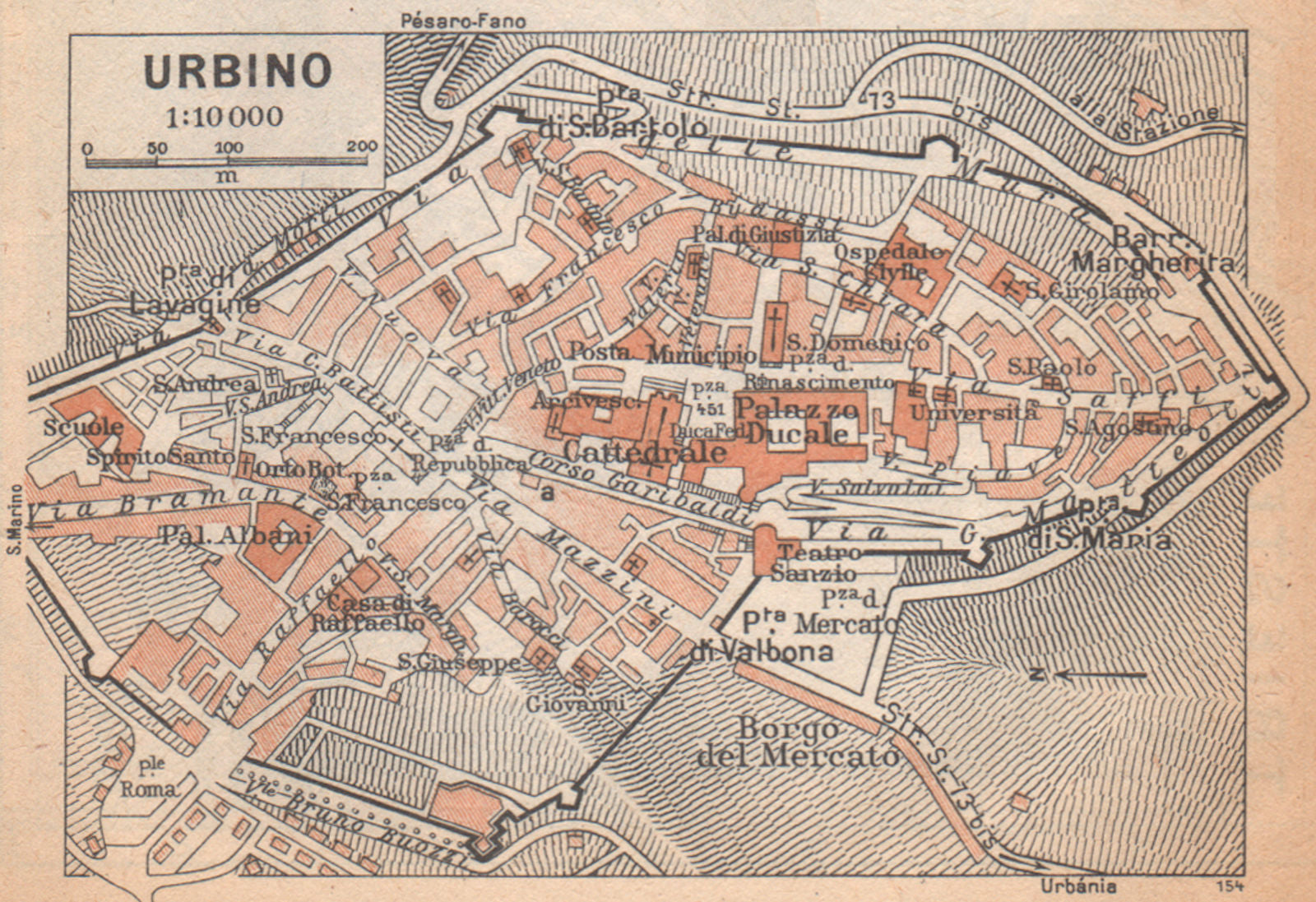 URBINO vintage town city pianta della città. Italy 1958 old vintage map chart